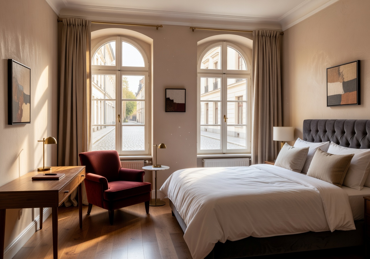 Boutique hotel bedroom suite with arched windows