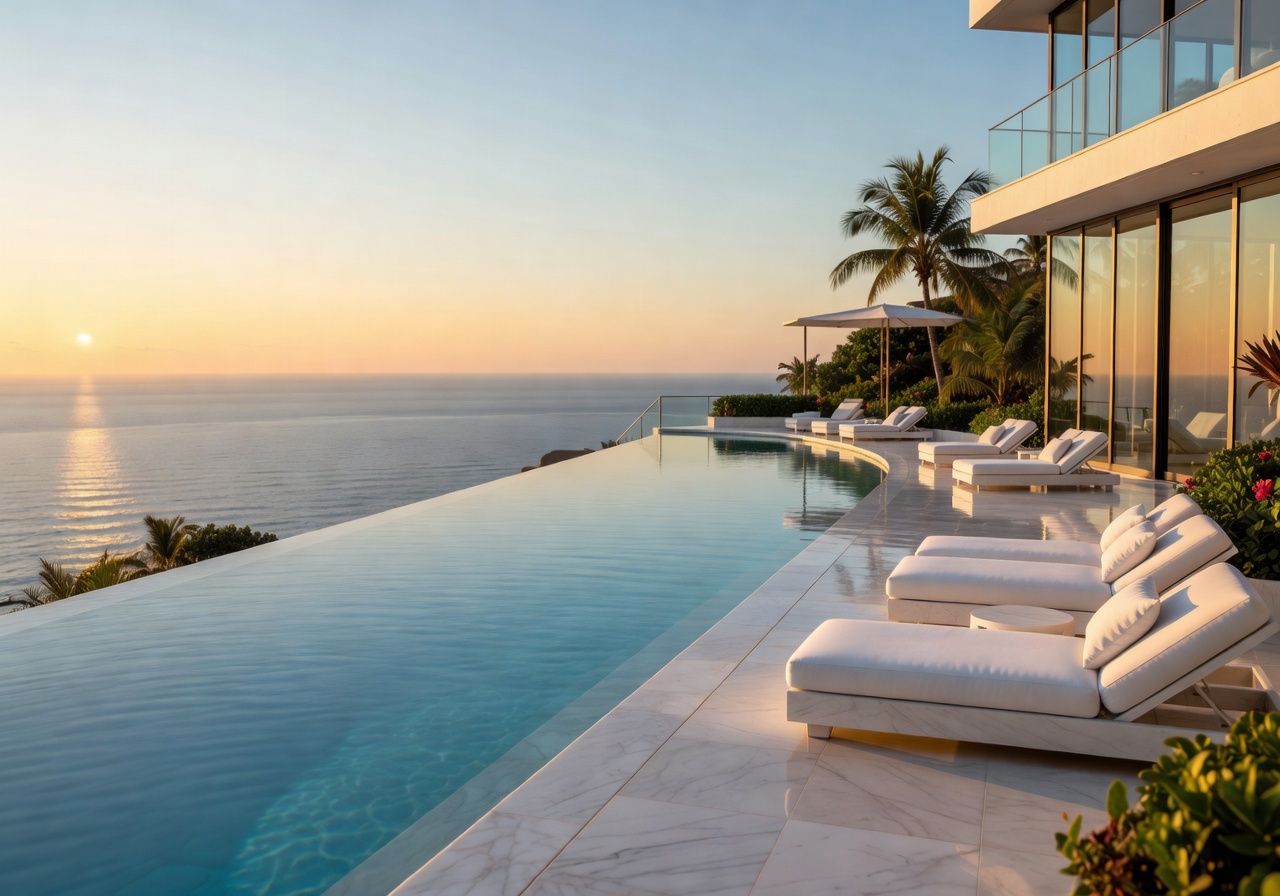 Luxury hotel infinity pool overlooking sea