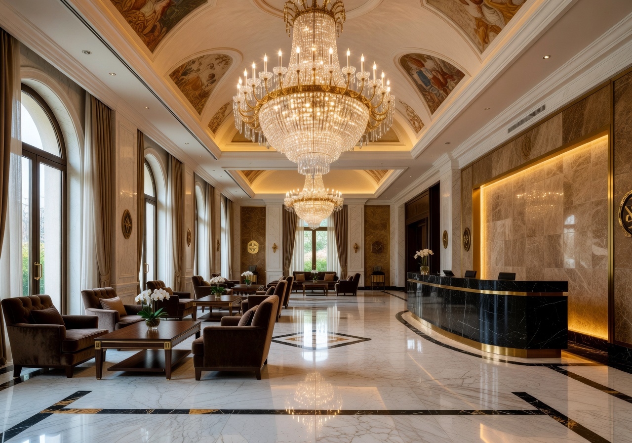 Luxury hotel lobby with chandelier