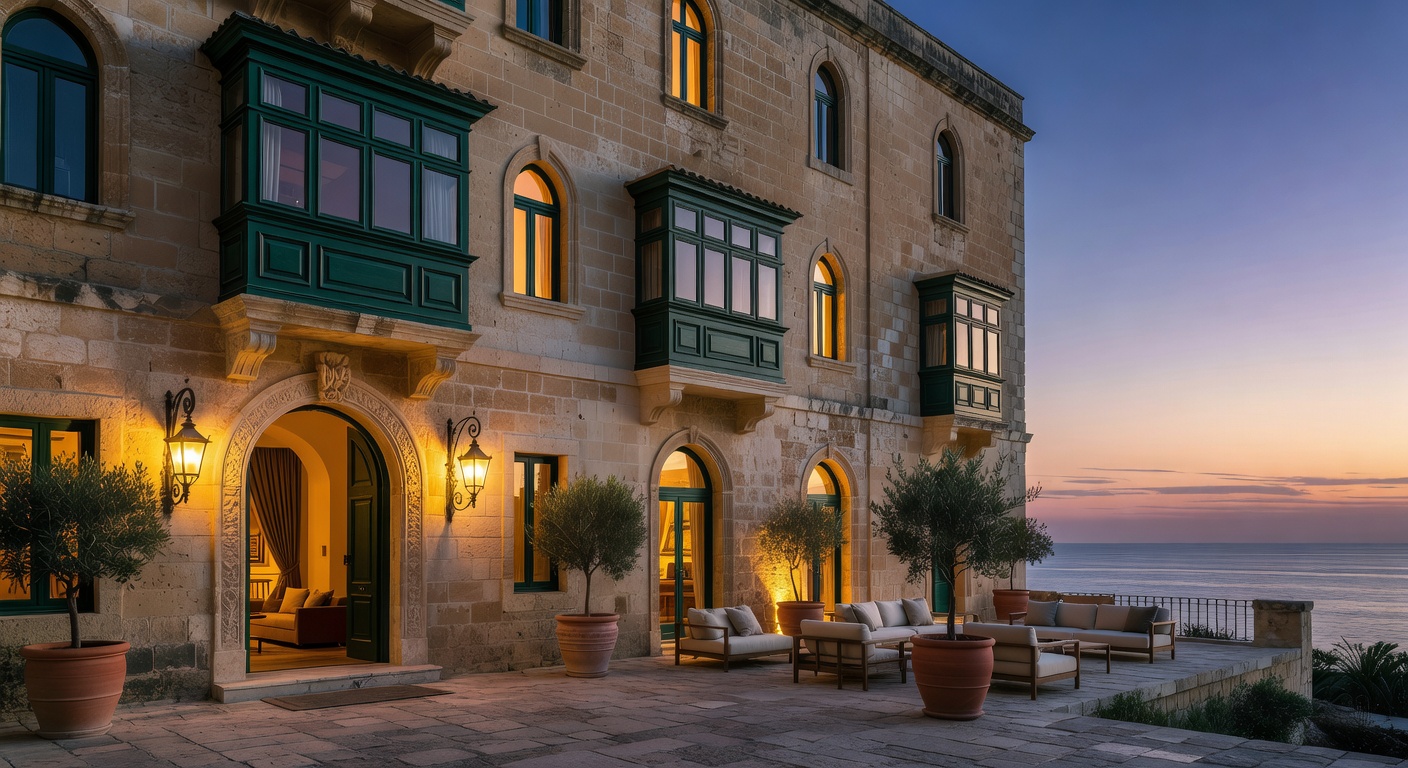 Luxury Malta boutique hotel exterior at dusk